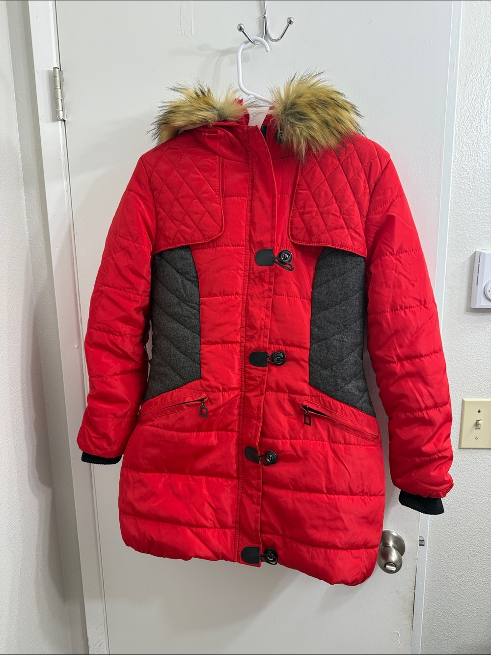 Red Quilted Hooded Winter Coat with Faux Fur Trim